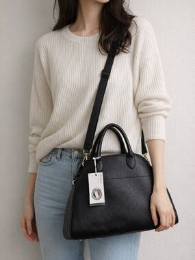 Italian Leather Black Satchel Bag Anna Paoli Structured Top Handle Purse New